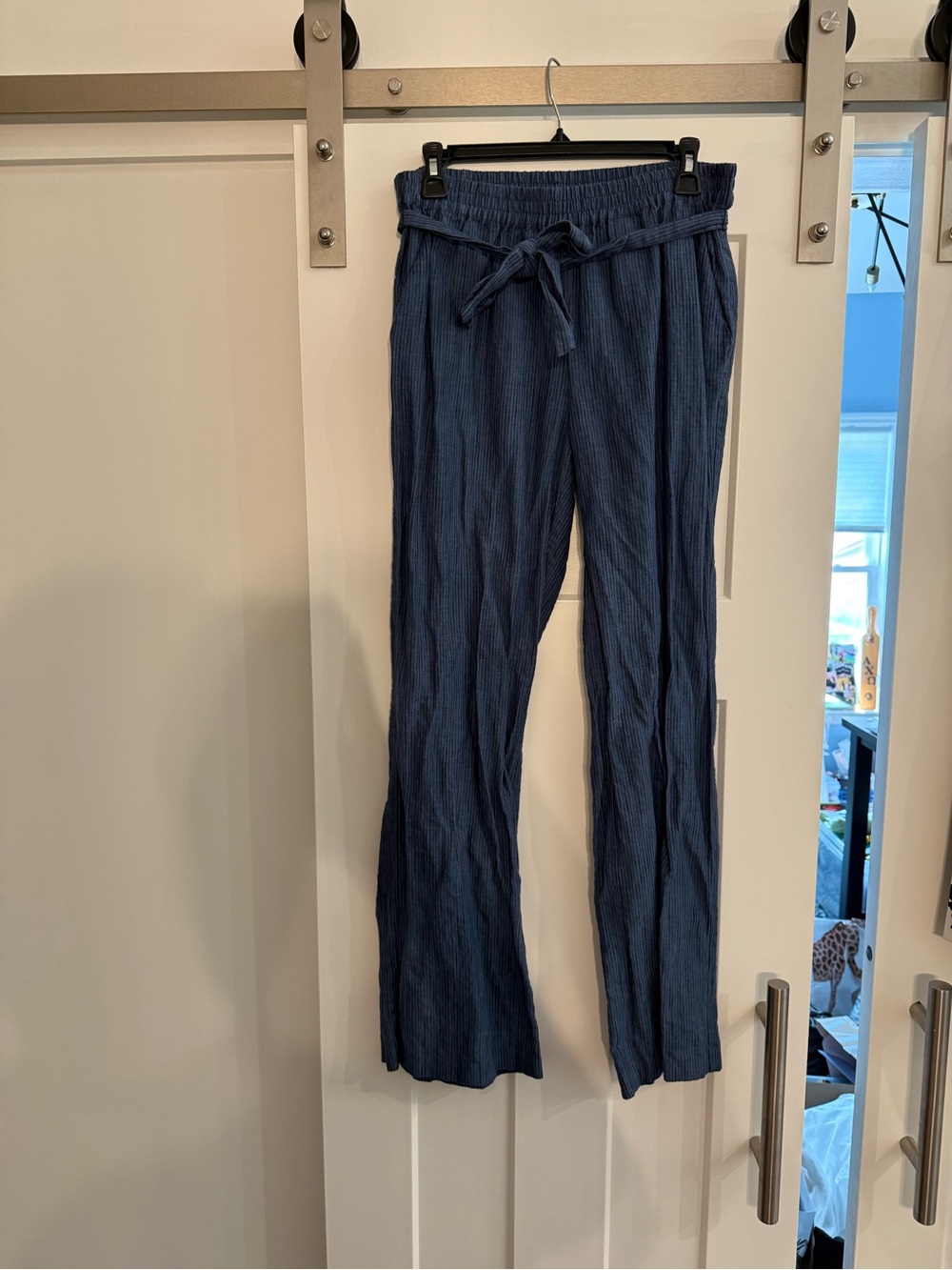 Michael Kors Navy Blue Flared Drawstring Linen Pants